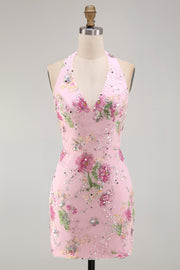 Vestido de regresso a casa floral com gola halter com lantejoulas bodycon