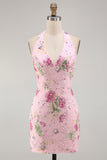 Vestido de regresso a casa floral com gola halter com lantejoulas bodycon