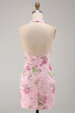 Vestido de regresso a casa floral com gola halter com lantejoulas bodycon