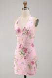 Vestido de regresso a casa floral com gola halter com lantejoulas bodycon