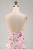Vestido de regresso a casa floral com gola halter com lantejoulas bodycon