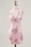 Vestido de regresso a casa floral com gola halter com lantejoulas bodycon