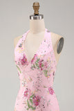 Vestido de regresso a casa floral com gola halter com lantejoulas bodycon