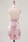 Vestido de regresso a casa floral com gola halter com lantejoulas bodycon