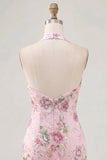 Vestido de regresso a casa floral com gola halter com lantejoulas bodycon