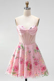 Vestido de Finalistas Florais Rosa Sweetheart Corset transparente Vestido de Regresso a Casa