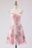 Vestido de Finalistas Florais Rosa Sweetheart Corset transparente Vestido de Regresso a Casa