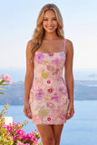 Vestido de regresso a casa com alças finas cor-de-rosa brilhantes, lantejoulas florais