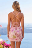 Vestido de regresso a casa com alças finas cor-de-rosa brilhantes, lantejoulas florais