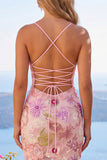 Vestido de regresso a casa com alças finas cor-de-rosa brilhantes, lantejoulas florais