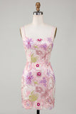 Vestido de regresso a casa com alças finas cor-de-rosa brilhantes, lantejoulas florais