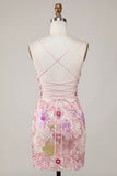 Vestido de regresso a casa com alças finas cor-de-rosa brilhantes, lantejoulas florais