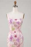 Vestido de regresso a casa com alças finas cor-de-rosa brilhantes, lantejoulas florais