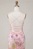 Vestido de regresso a casa com alças finas cor-de-rosa brilhantes, lantejoulas florais