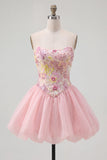 Vestido de Finalistas Florais Sem Alças Cor-de-Rosa Linha A
