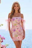 Vestido de Homecoming com laço cor-de-rosa, bodycon com lantejoulas cor-de-rosa e lãs