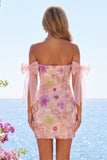 Vestido de Homecoming com laço cor-de-rosa, bodycon com lantejoulas cor-de-rosa e lãs