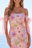 Vestido de Homecoming com laço cor-de-rosa, bodycon com lantejoulas cor-de-rosa e lãs