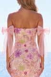Vestido de Homecoming com laço cor-de-rosa, bodycon com lantejoulas cor-de-rosa e lãs