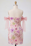 Vestido de Homecoming com laço cor-de-rosa, bodycon com lantejoulas cor-de-rosa e lãs