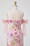 Vestido de Homecoming com laço cor-de-rosa, bodycon com lantejoulas cor-de-rosa e lãs