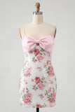 Bodycon vestido floral rosa claro com lantejoulas e laço