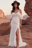 Vestido de Noiva Boémio com Folhos em Renda e Marfim Frio