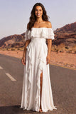 Vestido de Noiva Boho com Folhos em Marfim Ombro Descoberto