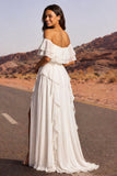Vestido de Noiva Boho com Folhos em Marfim Ombro Descoberto