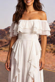 Vestido de Noiva Boho com Folhos em Marfim Ombro Descoberto