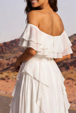 Vestido de Noiva Boho com Folhos em Marfim Ombro Descoberto