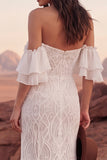 Vestido de Noiva Sereia Boémio em Renda de Marfim Ombro Descoberto
