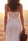 Vestido de Noiva Boémio com Corset Sweep Sweep de Renda e Marfim Sem Alças