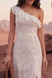 Vestido de Noiva Boémio com Folhos de Sereia em Renda de Marfim com Um Ombro
