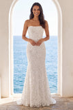 Vestido de Noiva Sweep Floral Sweep de Sereia em Marfim Sem Alças