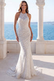Vestido de Noiva Halter Marfim Marfim com Lantejoulas