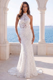 Vestido de Noiva Cauda Floral de Sereia em Marfim Halter