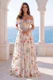 Vestido de Noiva A Line Corset Floral em Marfim Ombro Descoberto