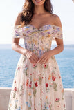 Vestido de Noiva A Line Corset Floral em Marfim Ombro Descoberto
