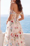 Vestido de Noiva A Line Corset Floral em Marfim Ombro Descoberto