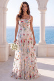 Vestido de noiva floral de espartilho de decote quadrado em marfim