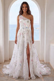 Vestido de Noiva Floral em Marfim de Um Ombro com Fenda