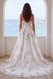 Vestido de Noiva Floral em Marfim de Um Ombro com Fenda