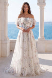 Vestido de Noiva Marfim Floral Linha A com Folhos