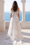 Vestido de Noiva Marfim Floral Linha A com Folhos