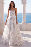 Vestido de Noiva A Line Estampado em Marfim Strapless com cauda de capela