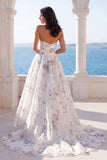 Vestido de Noiva A Line Estampado em Marfim Strapless com cauda de capela