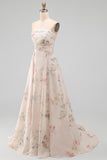 Vestido de Noiva A Line Estampado em Marfim Strapless com cauda de capela