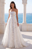 Vestido de Noiva A Line em Renda Floral Strapless