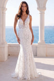 Vestido de Noiva Boémio Boémio com Decote em V, Decote em V, Renda em V, Sereia